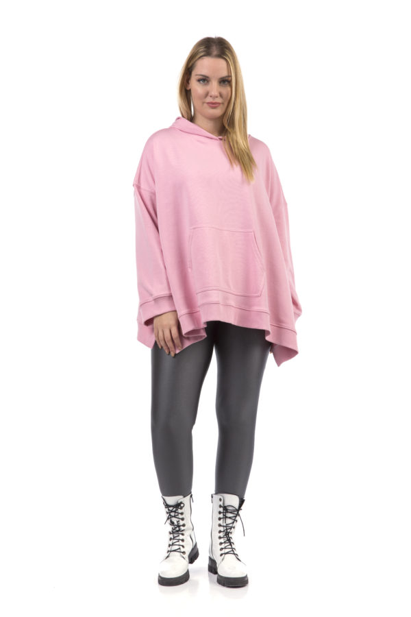 Μπλούζα φούτερ ασύμμετρη κουκούλα τσέπες ροζ 102-040