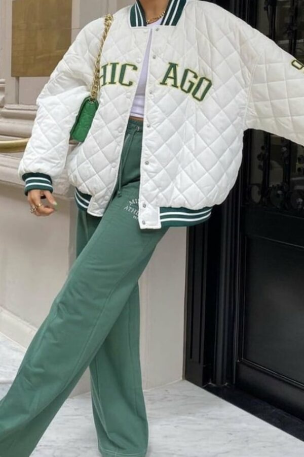 Bomber jacket "college style" λευκό με πράσινο 50058-528