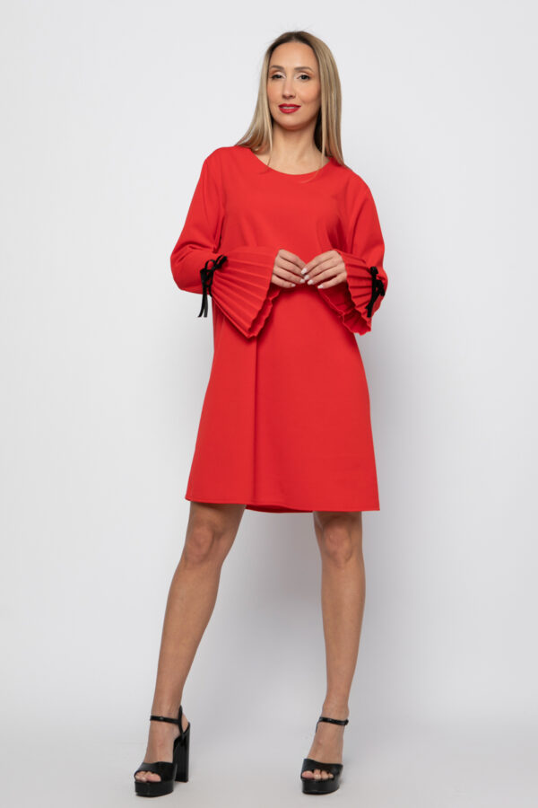 Φόρεμα Α γραμμή με πλισέ τελείωμα στο μανίκι κόκκινο 50394-201