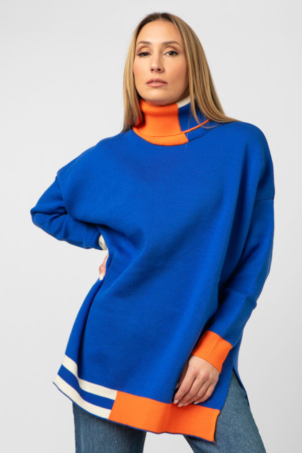 Μπλούζα ζιβάγκο oversized total royal blue με πορτοκαλί λαιμό 50379-136