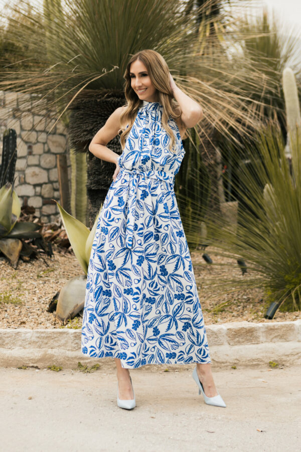 Φόρεμα αμάνικο μάξι με ζώνη και φύλλα ντεσέν μπλέ 60237-201