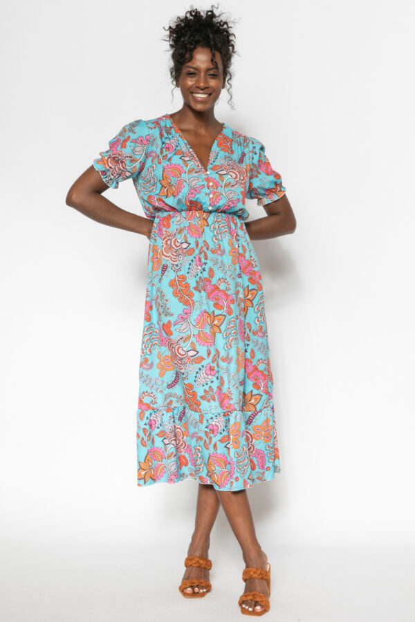 Φόρεμα κοντομάνικο μίντι με σκίσιμο λαχούρια γαλάζιο 60231-201