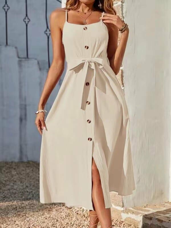 Φόρεμα τιραντάκι μίντι με κουμπιά και ζώνη χακί 60373-201