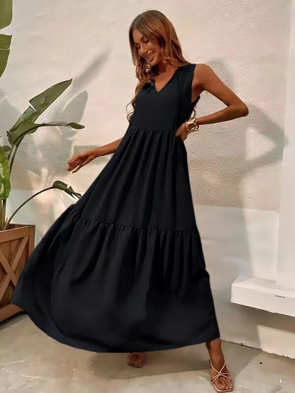 Φόρεμα μάξι αμάνικο με πτυχές μαύρο 60370-201