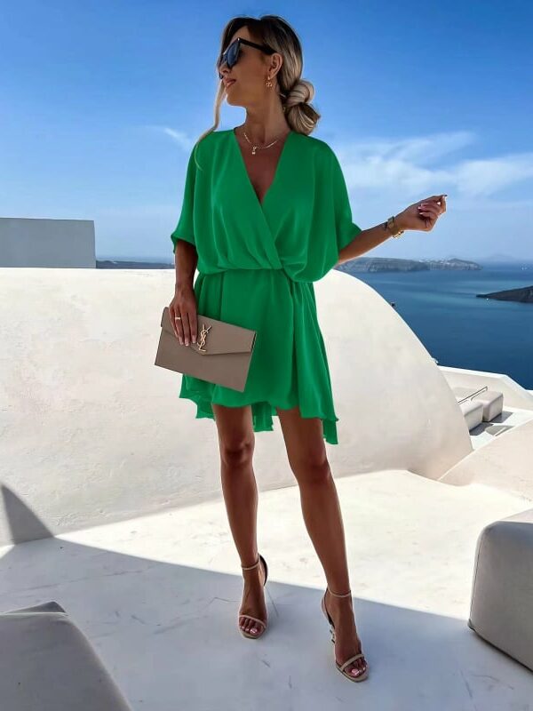 Φόρεμα κρουαζέ αέρινο με λάστιχο στη μέση πράσινο 60362-201