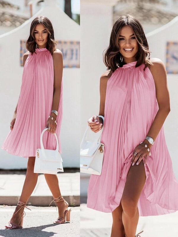 Φόρεμα πλισέ με λουπέτο γιακά ροζ 60361-201