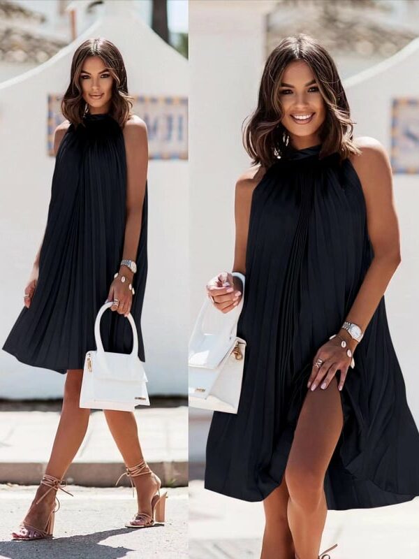 Φόρεμα πλισέ με λουπέτο γιακά μαύρο 60361-201