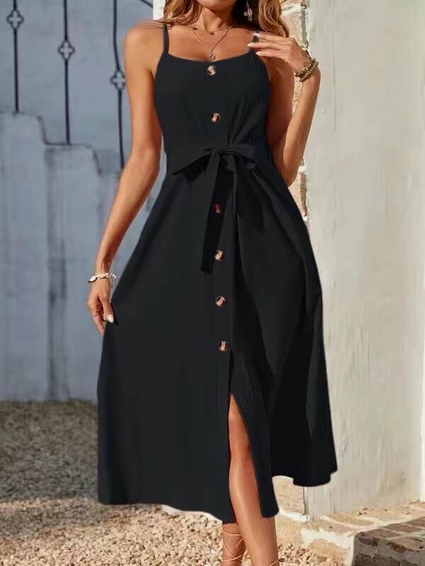 Φόρεμα τιραντάκι μίντι με κουμπιά και ζώνη μαύρο 60373-201