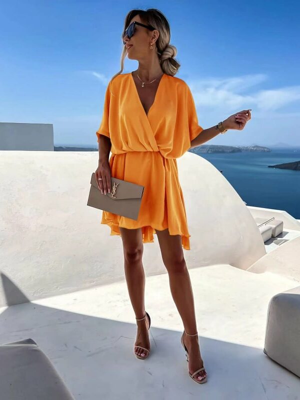 Φόρεμα κρουαζέ αέρινο με λάστιχο στη μέση πορτοκαλί 60362-201