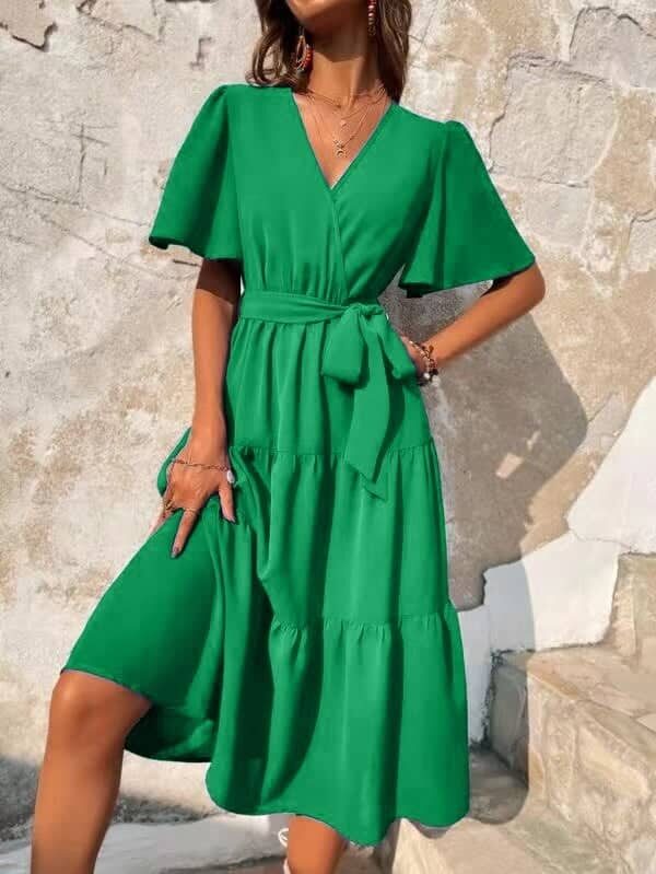 Φόρεμα κοντομάνικο με κρουαζέ με πτυχές πράσινο 60423-201