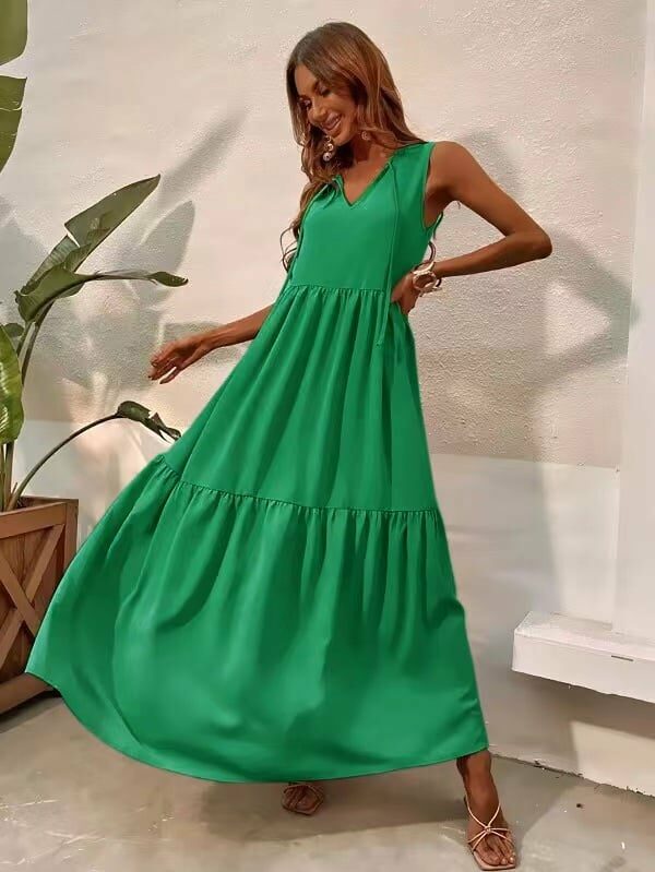 Φόρεμα μάξι αμάνικο με πτυχές πράσινο 60370-201