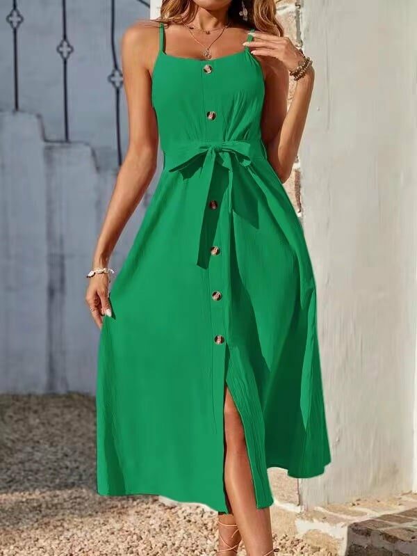 Φόρεμα τιραντάκι μίντι με κουμπιά και ζώνη πράσινο 60373-201