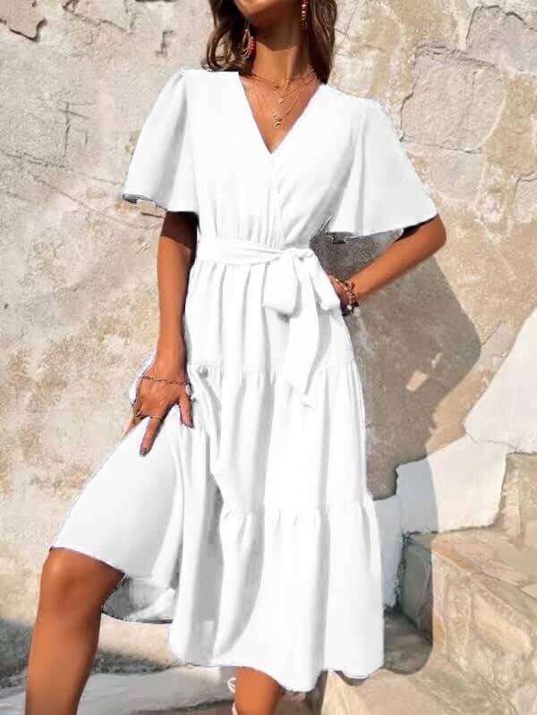 Φόρεμα κοντομάνικο με κρουαζέ με πτυχές λευκό 60423-201