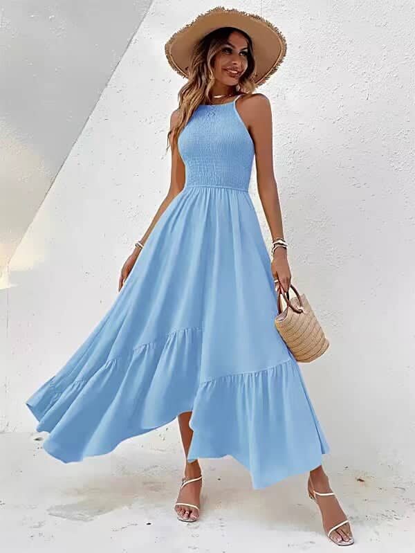 Φόρεμα με halter σφηκοφωλιά λαιμόκοψη μάξι γαλάζιο 60424-201