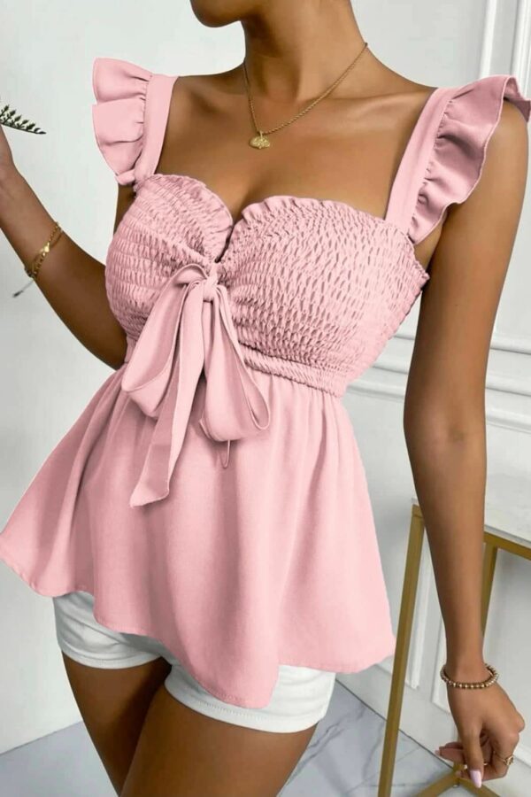 Μπλούζα με βολάν και μπούστο σφηκοφωλιά με δέσιμο ροζ 60402-101