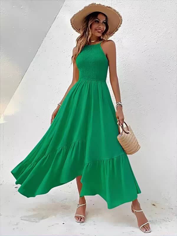 Φόρεμα με halter σφηκοφωλιά λαιμόκοψη μάξι πράσινο 60424-201