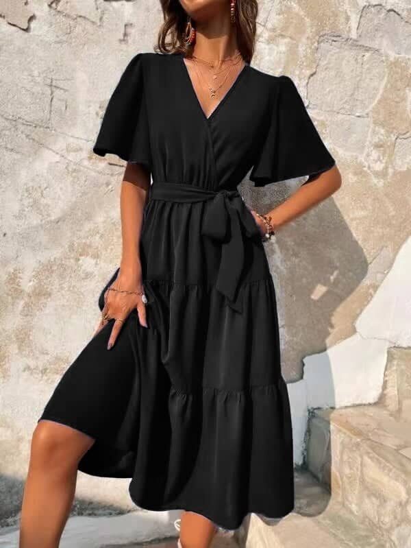 Φόρεμα κοντομάνικο με κρουαζέ με πτυχές μαύρο 60423-201