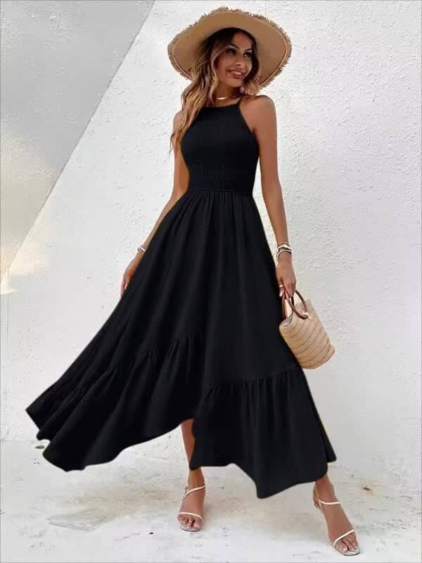Φόρεμα με halter σφηκοφωλιά λαιμόκοψη μάξι μαύρο 60424-201