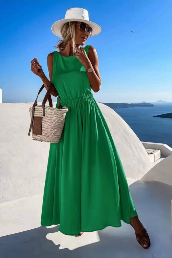 Φόρεμα μακρύ αμάνικο με λάστιχο στη μέση πράσινο 60450-201