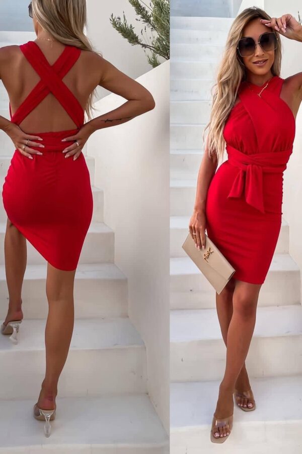 Φόρεμα εφαρμοστό με πολυμορφικό δέσιμο κόκκινο 60460-201