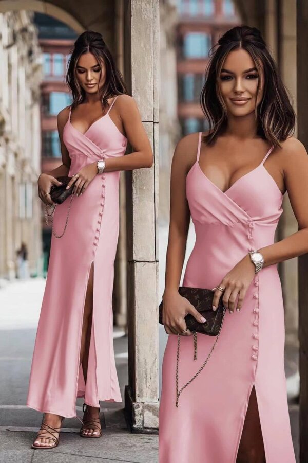 Φόρεμα σατινέ με σειρά κουμπιά και άνοιγμα ροζ 60463-201