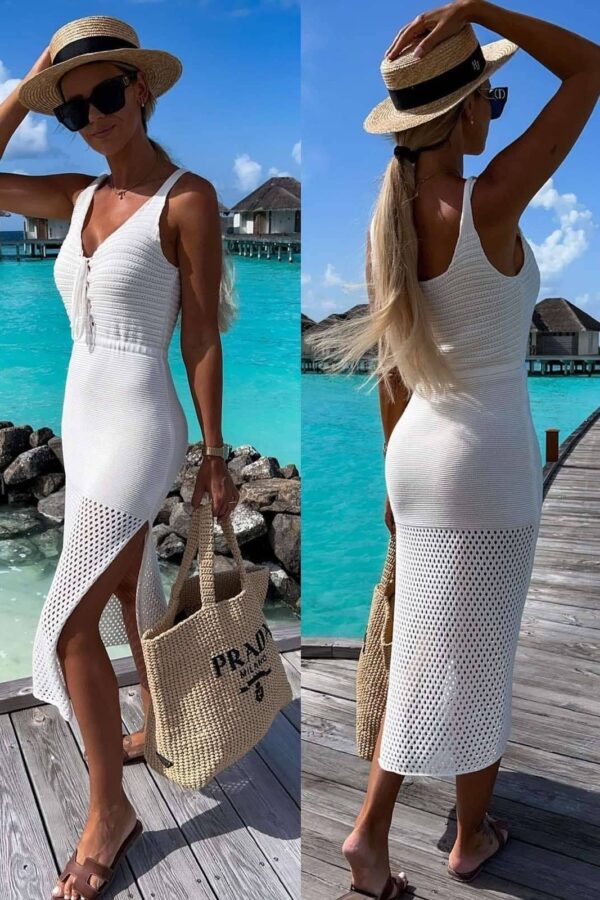 Φόρεμα συνδυασμό πλέξεων και σκίσιμο λευκό 60554-201