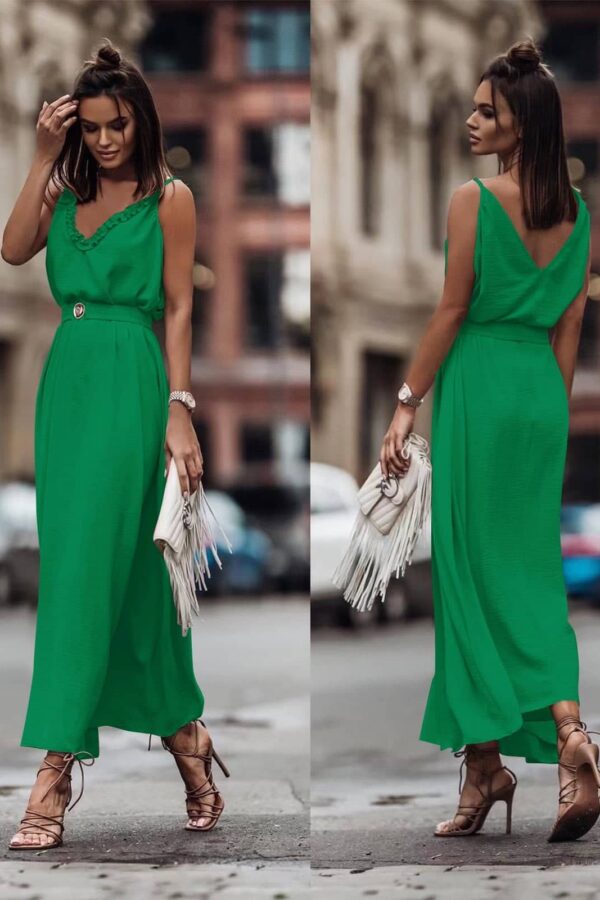 Φόρεμα μάξι με βολάν V και ζώνη πράσινο 60550-201