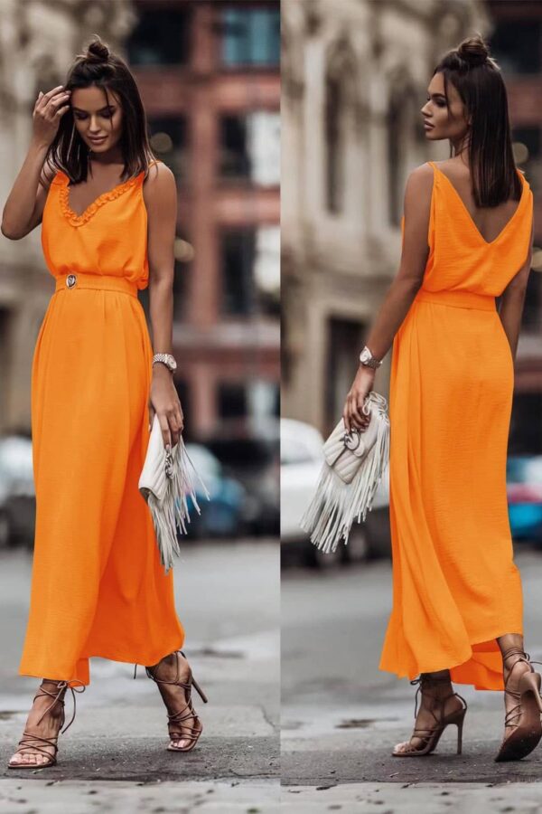 Φόρεμα μάξι με βολάν V και ζώνη πορτοκαλί 60550-201