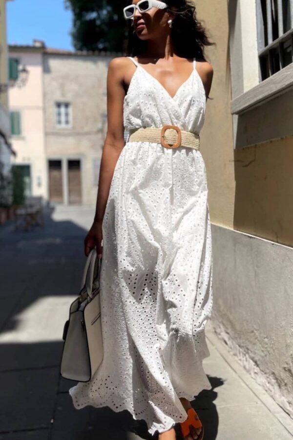 Φόρεμα μάξι τιράντα κυπούρ με ζώνη λευκό 60541-206