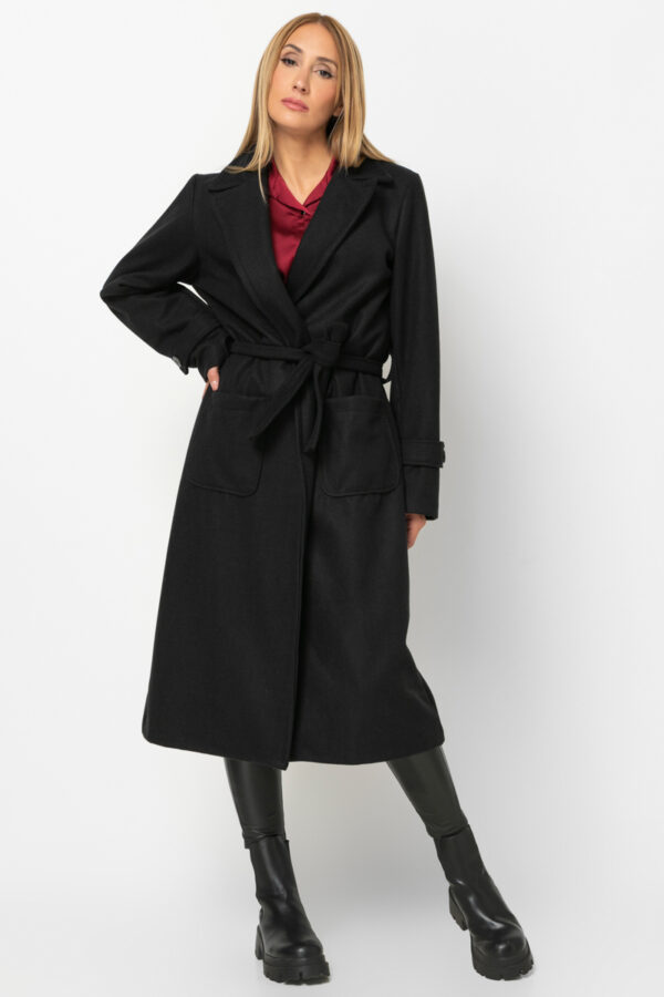 Παλτό μακρύ με επωμίδα και ζώνη μαύρο 70221-501