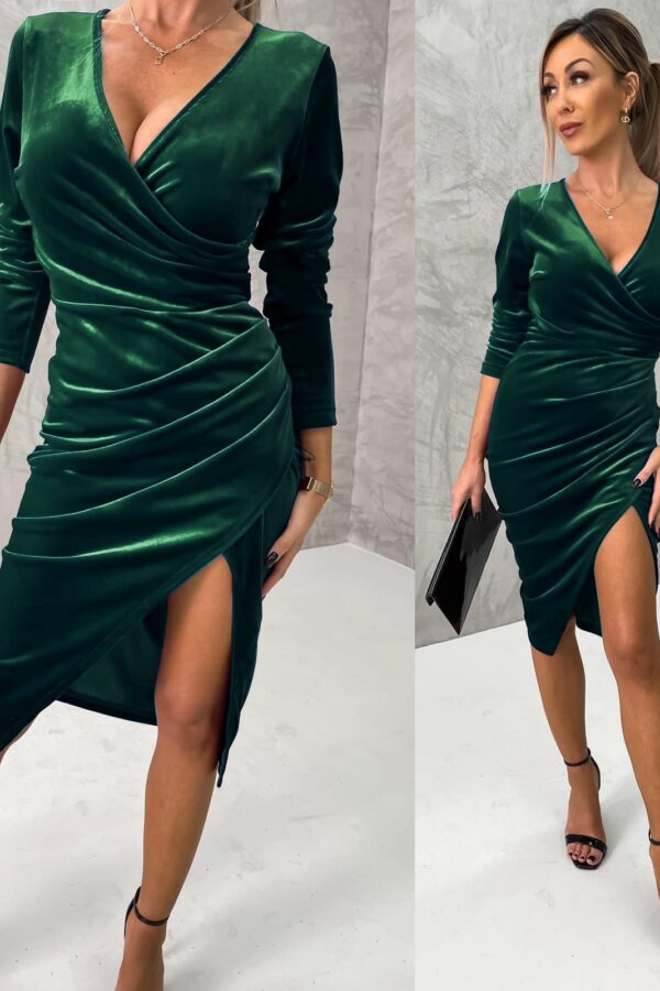 Φόρεμα μίντι κρουαζέ με σκίσιμο κυπαρισσί 70303-201
