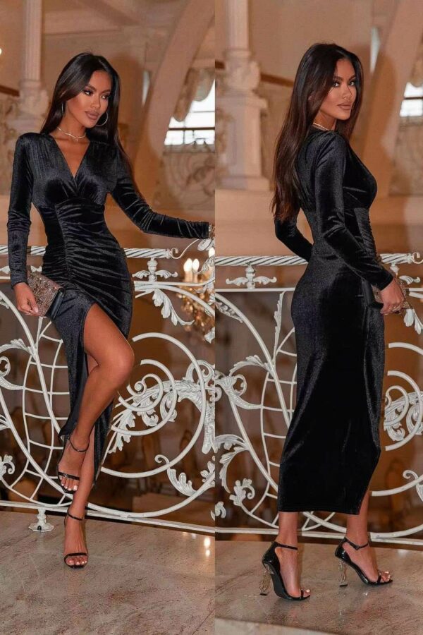 Φόρεμα βελουτέ με σούρα και έντονο άνοιγμα μαύρο 70412-201