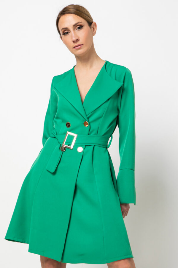 Φόρεμα με γιακά και ζώνη νίκελ πράσινο 80092-201