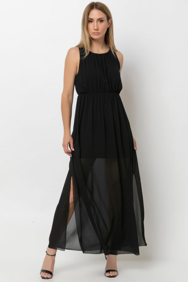 Φόρεμα μάξι halter λαιμόκοψη και λάστιχο στη μέση μαύρο 80293-201
