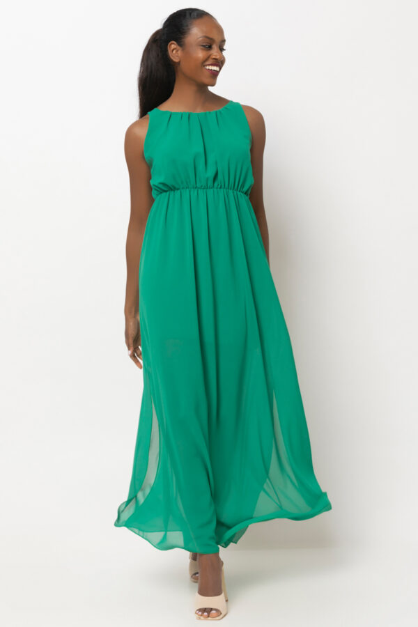Φόρεμα μάξι halter λαιμόκοψη και λάστιχο στη μέση πράσινο 80293-201