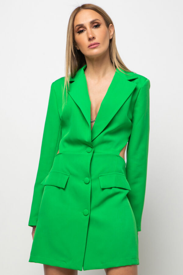 Φόρεμα σακάκι με ντυμένα κουμπιά και άνοιγμα μέση πράσινο 80050-209