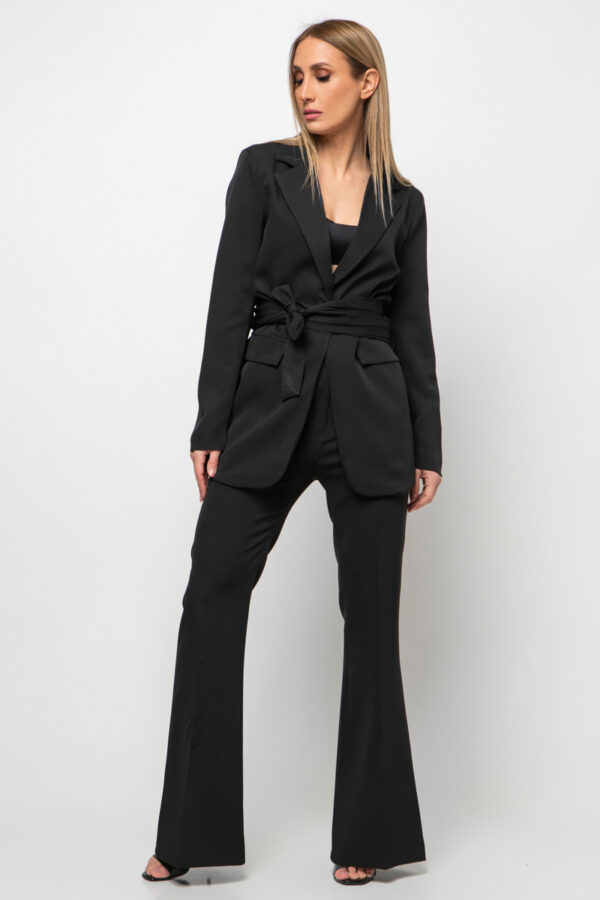 Κοστούμι σακάκι με ζώνη και παντελόνι καμπάνα αφοδράριστο μαύρο 80056-609