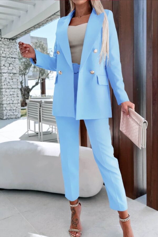 Κοστούμι χωρίς φόδρα σακάκι και παντελόνι slim με ζώνη γαλάζιο 80122-601