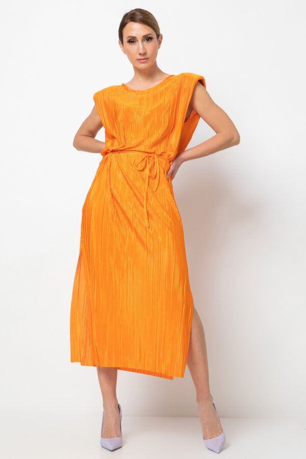 Φόρεμα πλισέ μίντι με ζωνάκι πορτοκαλί 80143-202
