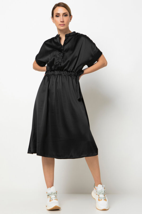 Φόρεμα μάο γιακά μίντι σατινέ μαύρο 80167-212