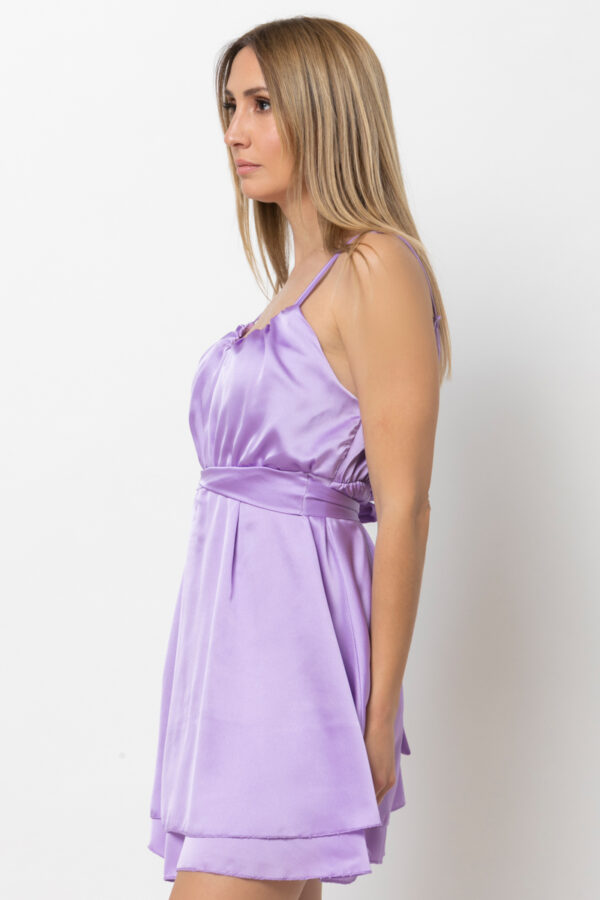 Φόρεμα σατινέ με τιράντα και πτυχές λιλά 80225-201