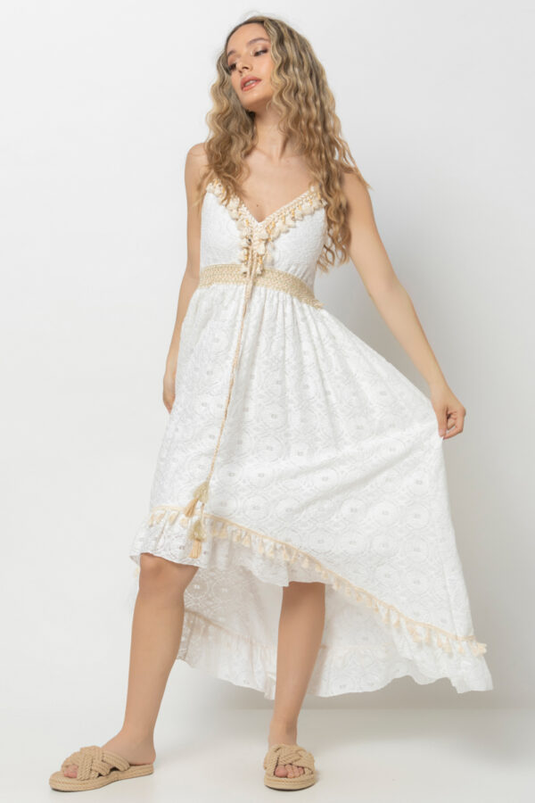 Φόρεμα δαντέλα με φούντες μίντι ιβουάρ 80240-202