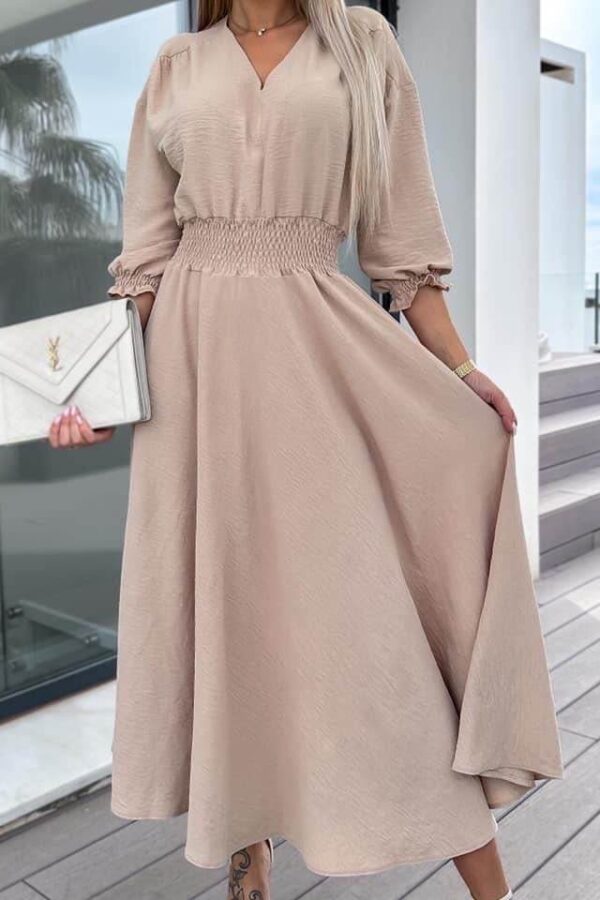 Φόρεμα μίντι με μανίκι 3/4 και σφηκοφωλιά στη μέση μπεζ 80177-201
