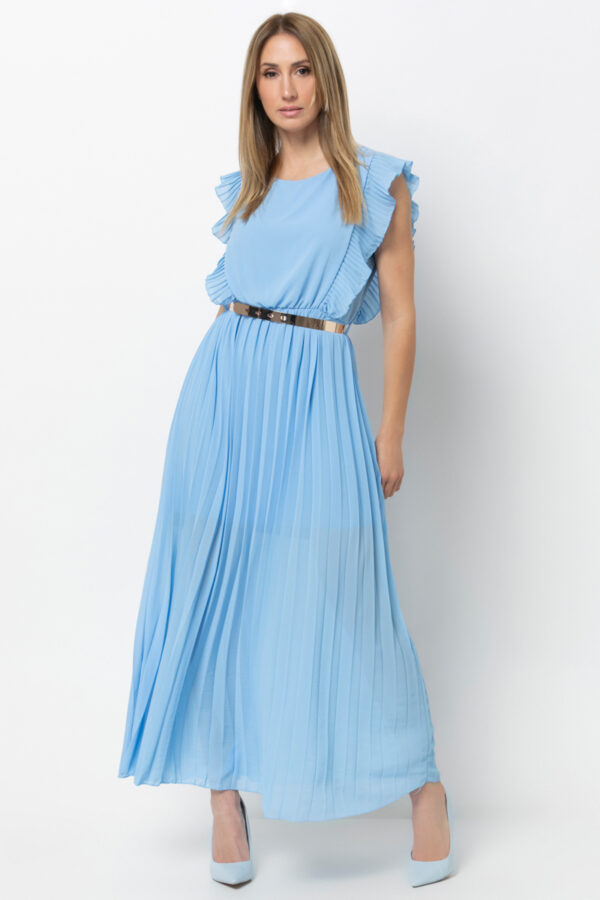 Φόρεμα πλισέ με βολάν στο πλάι και ζώνη γαλάζιο 80276-201