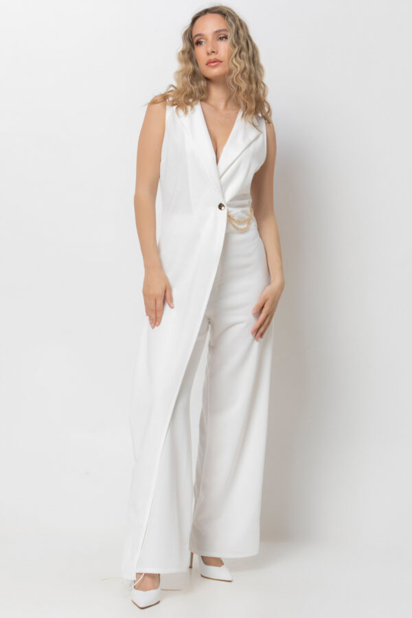 Ολόσωμη φόρμα chic style με φάσα και κουμπί λευκή 80337-701