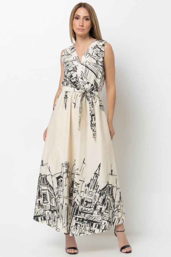 Φόρεμα αμάνικο κρουαζέ με ζώνη στη μέση ιβουάρ 80323-206