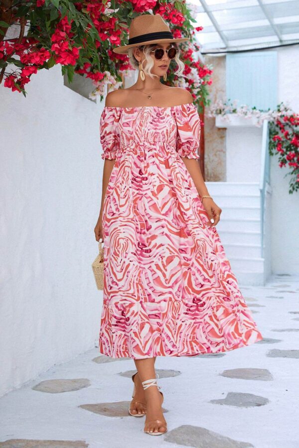 Φόρεμα σφηκοφωλιά μπούστο και πεσμένα μανίκια ροζ 80355-201