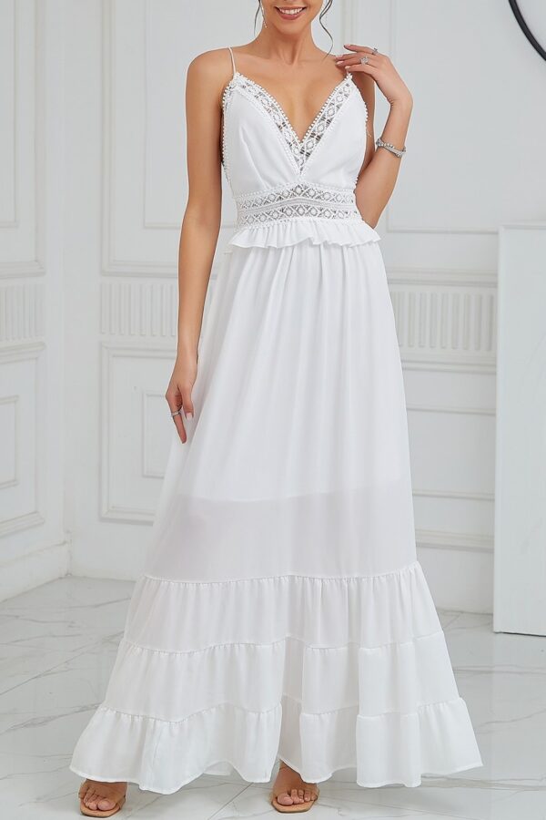 Φόρεμα μάξι με V δαντέλα και βολάν λευκό 80448-201