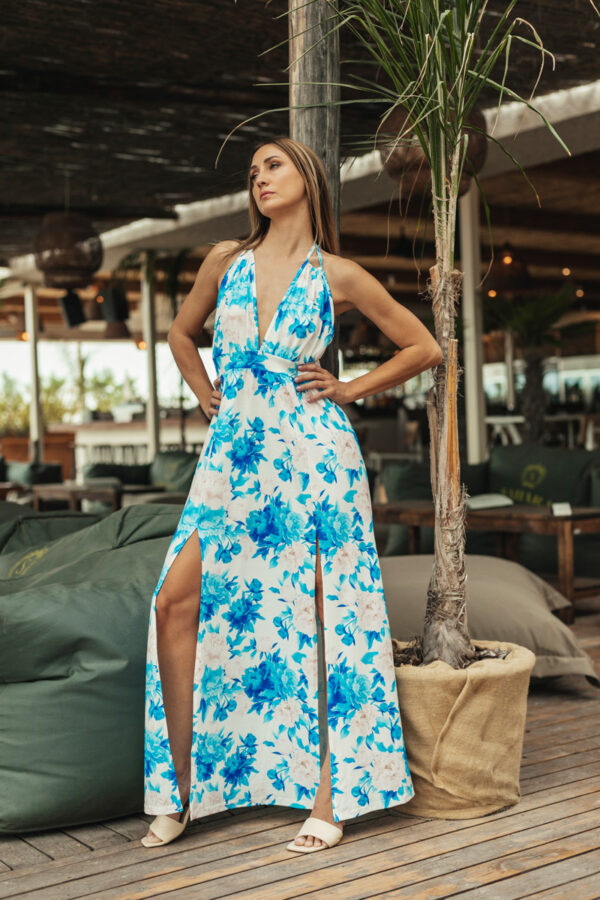 Φόρεμα με σκισίματα μπροστά φλοράλ λευκό με γαλάζιο 80537-201