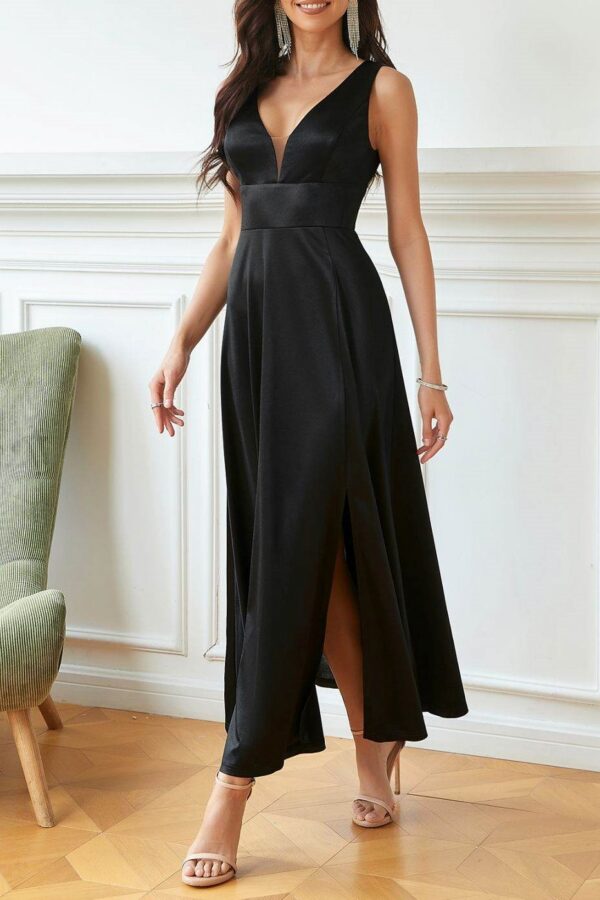 Φόρεμα formal σατινέ με βαθύ V μαύρο 80563-201